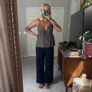 Zara flowy Strappy Top, adjustable straps, button and tie, Small, Army Green